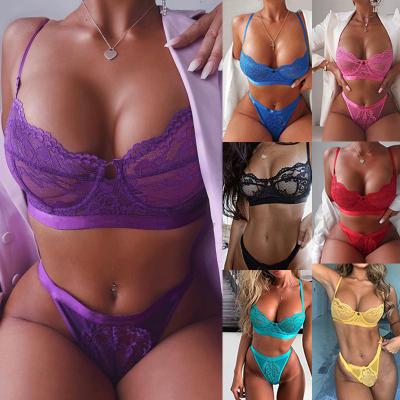 China Hot Selling Antibacterial Plus Size Lace Bra And Panties Two Pieces Gather Big Size Bra Sets Transparent Bra Panty Set Women Lingerie Sets for sale