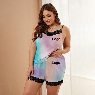 China Fat Women Breathable Private Label Loungewear Custom Tie Dye 2 Pieces Lace Short Sleepwear Slip Plus Size Pajamas Homewear For Fat Ladies for sale