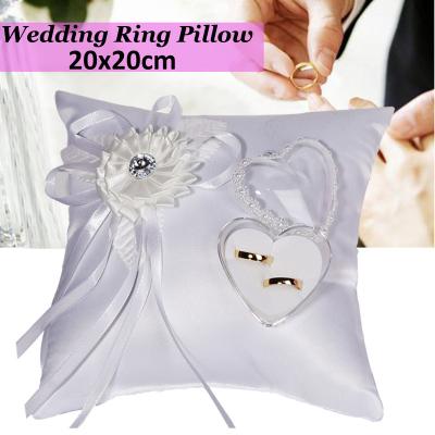 China 20x20cm Cotton Wedding Ring Pillow Lace Flower Decoration Bridal Ring Carrying Cushion With Bowknot Rhinestone Party Decoration for sale