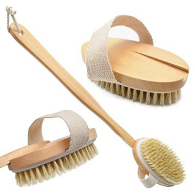 China Wholesale Custom Logo Waterproof Double Sided Wooden Handle Long Shower Massage Cleaning Exfoliate Scrub Body Natural Bristle Brush for sale