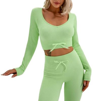 China 2022 hot sale tiktok spandex breathable long sleeve ribbed yoga tracksuit gym fitness seamless sets for sale