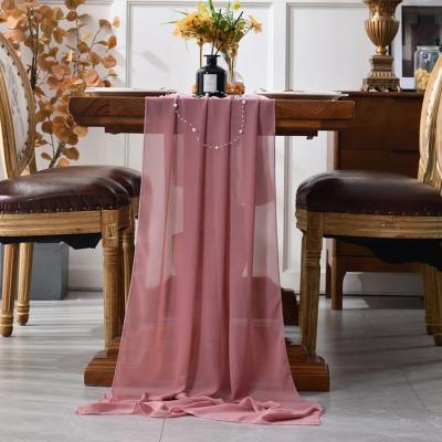 China Durable Pink Chiffon Luxurious Wedding Table Runners Custom Reusable Soft Gauze Table Flag Party Decoration Long Strip Yarn Table Cloth for sale