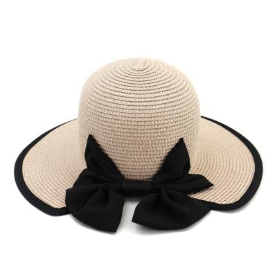 China New Wholesale High Quality Striped Ladies Travel Straw Sun Hat Black Bowknot With Big Brim UPF Packable Hat Women Summer UV Wide Beach for sale