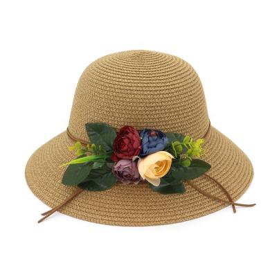 China Foldable Wide Bucket Straw Hat For Women Sun Summer Beach Striped Ribbon Brim Women Female New Ladies Flowers for sale