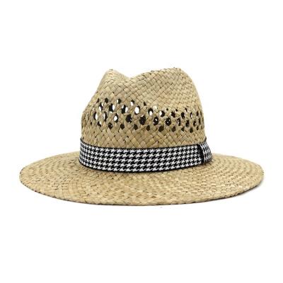 China Wholesale Hand Knit Striped Sun Straw Cowboy Hats With Custom Men's Wide Fedora Panama Hat Beach Summer Logo Vegetable Plankton for sale