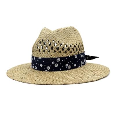 China New Wholesale Hot UV Beach Striped Straw Hats For Women Man Jazz Fedora Panama Hat Summer Sun Protective for sale