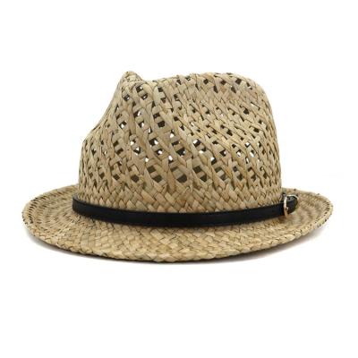 China Fashion Men's Cuban Women Trilby Hat With Leather Belt Wholesale Striped Adult 58cm Straw Fedora Panama Sun Summer Beach Hat for sale