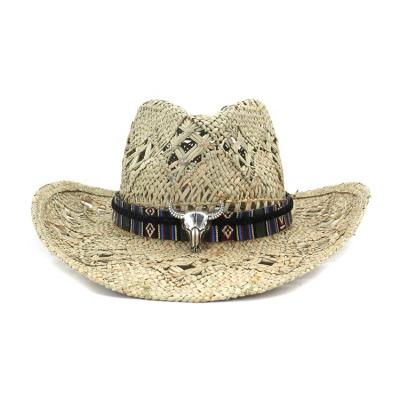 China Wholesale New Striped Hats Jazz Express Natural Band Wide Brim Roll Up Straw Hat With Cow Head Amazon Grass Plant Plankton Cowboy for sale