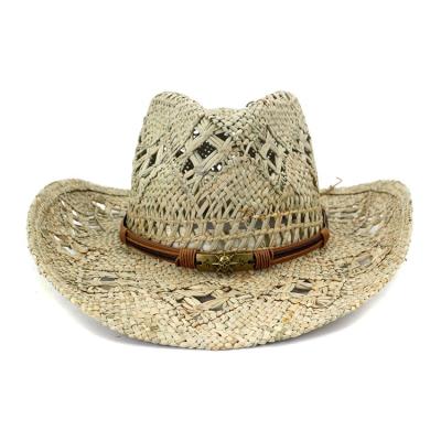 China High Quality Cavity Beach Travel Sombrero Hombre Breathable Lifeguard Striped Cap Ethnic Style Straw Summer Cowboy Leather Hat For Man for sale