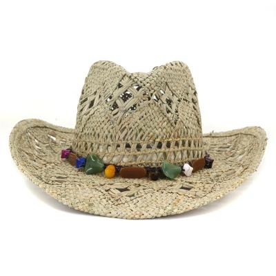 China Natural Crossed Lifeguard Hats False Gem Decoration Cowboy Party Hat of 100% Straw Seagrass Summer Western Sombrero Hombre for sale