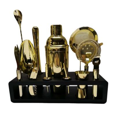 China Viable Christmas Box Whiskey Bar Set Gold Plated Bartender Quality Stainless Steel Cocktail Shaker Bar Kit Set With Stand for sale