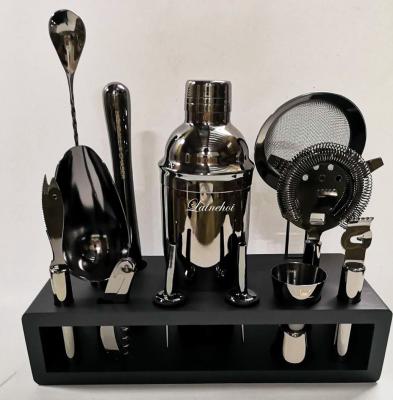 China Viable Custom Bartender Logo Premium Quality Black Plated Stainless Steel Cocktail Shaker Bar Kit Set With Stand for sale