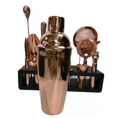 China Viable Custom Bartender Logo Premium Quality Copper Plated Stainless Steel Cocktail Shaker Bar Kit Set With Stand for sale