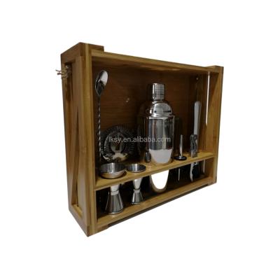 China Viable Amazon Support Program Feature Bar Tool Kit With Patent Pending Rustic Wooden Stand Bartender Cocktail Shaker Set for sale