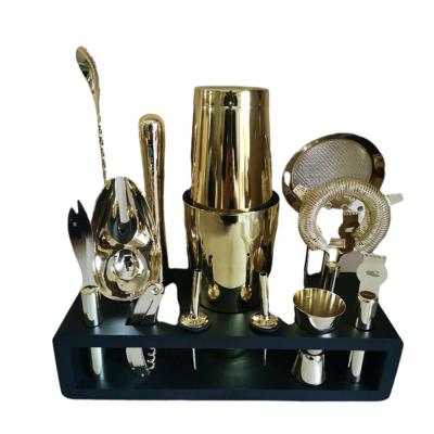 China Viable Christmas Box Whiskey Bar Set Gold Plated Bartender Kit Quality Stainless Steel Boston Shaker Bar Set With Stand for sale