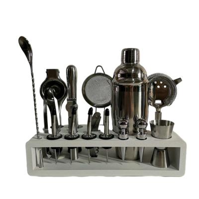 China High Quality Custom Viable Shaker Kit Cocktail Set Bartender Tool Kit Mixology Stainless Steel Logo Bamboo Stand for sale