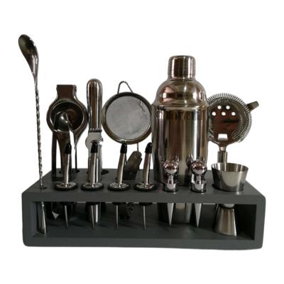 China High Quality Custom Viable Shaker Kit Cocktail Set Bartender Tool Kit Mixology Stainless Steel Logo Bamboo Stand for sale