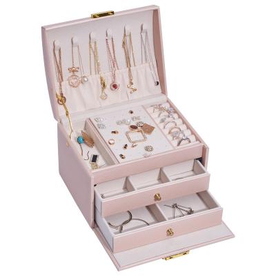 China Jewelry Storage Case Large Capacity Jewelry Storage 3 Layers Jewelry Organizer with Drawers and Velvet PU Jewelry Box for sale