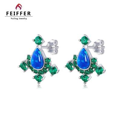 China Factory Direct Sale 925 Lab CLASSIC Silver Opal Jewelry Handmade Fashion Stud Earring With Green Gems for sale