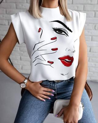 China RTS Breathable Sleeveless Lip Print Loose Women's Top T-Shirts, Fashion White T-shirt Female Tops for sale