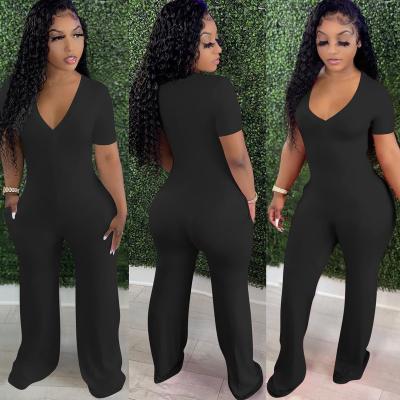 China Anti-pilling pure color ladies work clothes leg jumpsuit v-neck overalls romper 2022 the new v-neck wide vest pants for sale