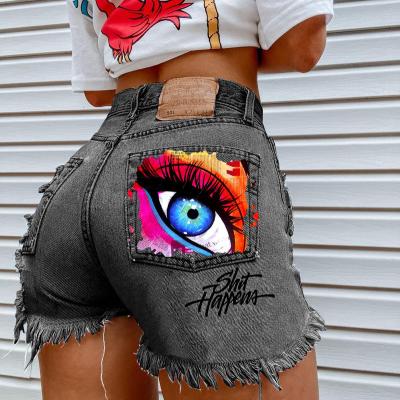 China New Fashion Breathable Graphic Print Womens Denim Lattice Ripped Shorts for sale