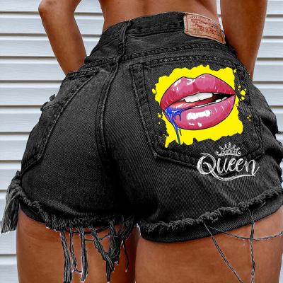 China Breathable Fashion Casual Print Ripped Skinny Mid Waist Women Denim Lattice Shorts for sale