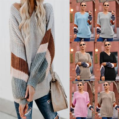 China Anti-wrinkle Amazon sweater women 2021 new long fall striped hot lantern sleeve V-neck style sweater tops color matching hot for sale