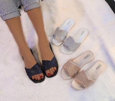 China Amazon stock small retail price European and American rhinestone women's sexy flat slippers EVERGREEN 