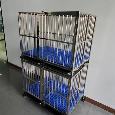 China Professional Breathable Safety Double Layer Three Doors Folding Stainless Steel Dog Cage With Wheels Cages For Pet for sale