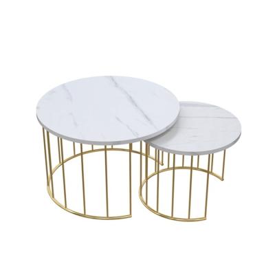 China Low Home Wooden Wire Table Round Shape End Table Nesting Coffee Table Double Pattern 2 Marble Center Setting Tables For Living Room for sale