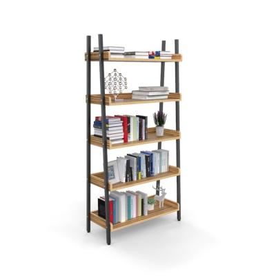 China 5 Tier Industrial Ladder Shelf Narrow Leaning Wood Metal and Wood Bookcase for Home Standing Storage Rack Book Shelves for sale