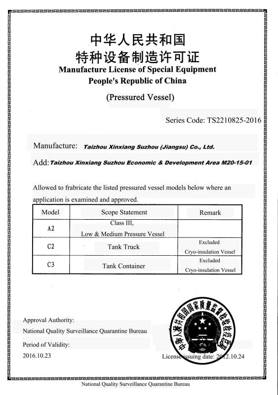 License of Pressured Vessel - AUTO DIAGNOSTIC SOLUTIONS LTD