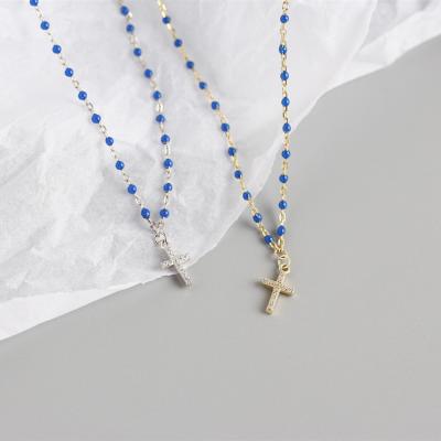 China INS Religious Catholic Rosary Beads Necklace With Silver Zircon Cross Pendant For Men And Women for sale