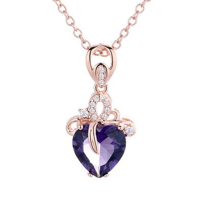 China Luxury Fashion Rose Gold Love Heart Purple Crystal Pendant Jewelry Amethyst Romantic Elegant Heart-Shaped Pendant Necklace for sale