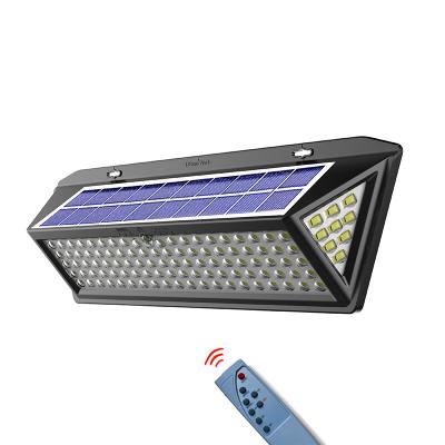 China Best Tempered Glass High Power High Lumens Timing Control Remote Outdoor Solar Wall Lights 118LEDs for sale