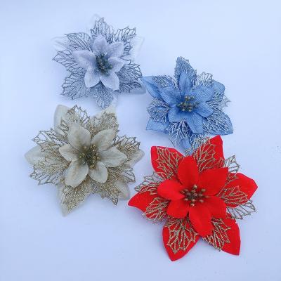 China Wholesale Beautiful 15 cm Colorful Christmas Flowers Triple Hollow Mesh Glitter and Sequins Christmas Tree Decoration for sale