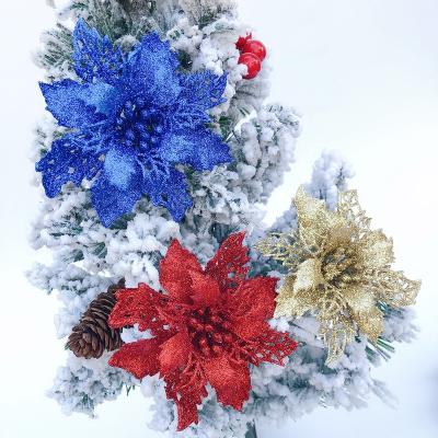 China Wholesale 11cm Beautiful Colorful Christmas Flowers Hollow Mesh Glitter And Sequins Christmas Tree Decoration for sale