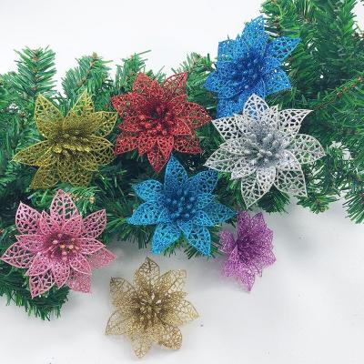 China Wholesale 11cm Beautiful Colorful Christmas Flowers Stem Multicolor Hollow Mesh Glitter Shiny Christmas Tree Decoration for sale