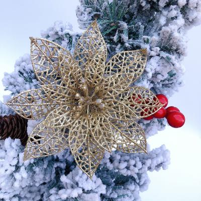 China Wholesale 15cm Beautiful Colorful Christmas Flowers Stem Hollow Multicolor Mesh Glitter Shiny Christmas Tree Decoration for sale