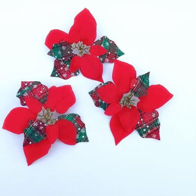 China 20cm Beautiful Christmas Flowers Red Green Plaid Wholesale Colorful Velvet Shiny Glitter Christmas Tree Decoration for sale