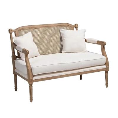 China French Provincial Rattan Lounge Loveseat Upholstered Oak 2 Seat Sofa. for sale