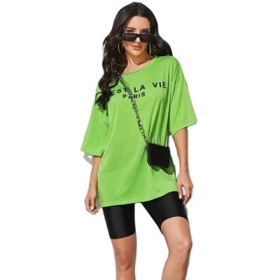 China Factory Price Breathable Women Letter Graphic Stitches Summer Fashion Short Round Neck Drop Shoulder Oversized Sleeve Tee for sale