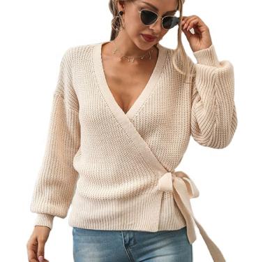 China Factory Custom Made Sweater QUICK DRY Autumn And Winter New Product 2020 Fashion Casual Pullover V-Neck Tie Short Women's Sweater for sale