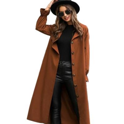 China Wholesale Custom Women Anti-Wrinkle Coat Autumn Casual Long Sleeve Solid Button Through Belted Aplet Ditch Coat for sale