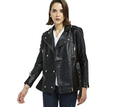 China Custom Made High Quality Waterproof Factory PU Motorcycle Leather Jacket Women Slim Fit Mid Length Crossover Leather Jackets With Belt for sale