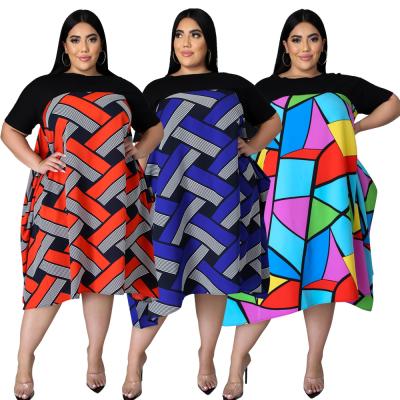 China 2021 Summer Anti-static Women Fashion Print Street Loose Dress Plus Size Color Block Casual Dress Women for sale