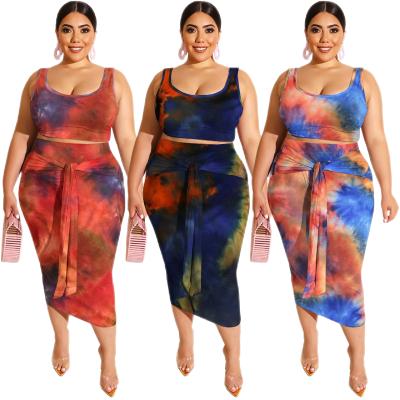 China 2021 Fashion Anti-Static Tie-Dye Printed Women Dresses Summer Plus Size Bodycon Tops And Skirt Plus Size Women Clothing for sale