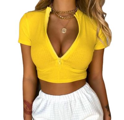 China 2021 Summer Ladies Breathable Blouses Short Sleeves Zipper Solid Color V-neck Crop Tops Women Clothing for sale