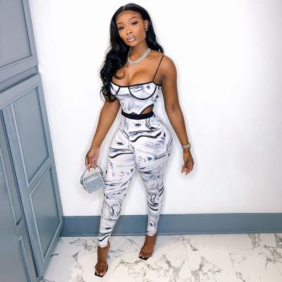 China New Arrival Breathable Bodysuit+Skinny Printing White Print Bodysuit+Skinny Wholesale Sling Pants Sleeveless Streetwear Set Women's Two Piece Set for sale